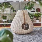 La Cama para gatos Perla de MiaCara, fabricada en ratán natural con un cojín de espuma hipoalergénica para un descanso óptimo. Lavable y fácil de mantener.